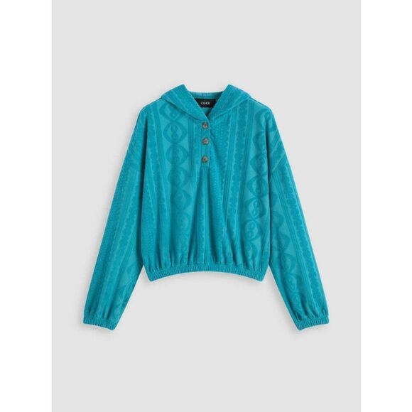 Cider Velour Oversized Debossed Cable Knit 1/4 Button Hoodie Teal Sz. Sm. - Picture 1 of 6